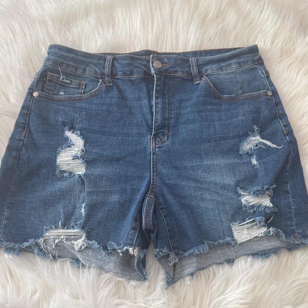 Judy Blue Medium Blue Distressed Denim Cutoff Shorts